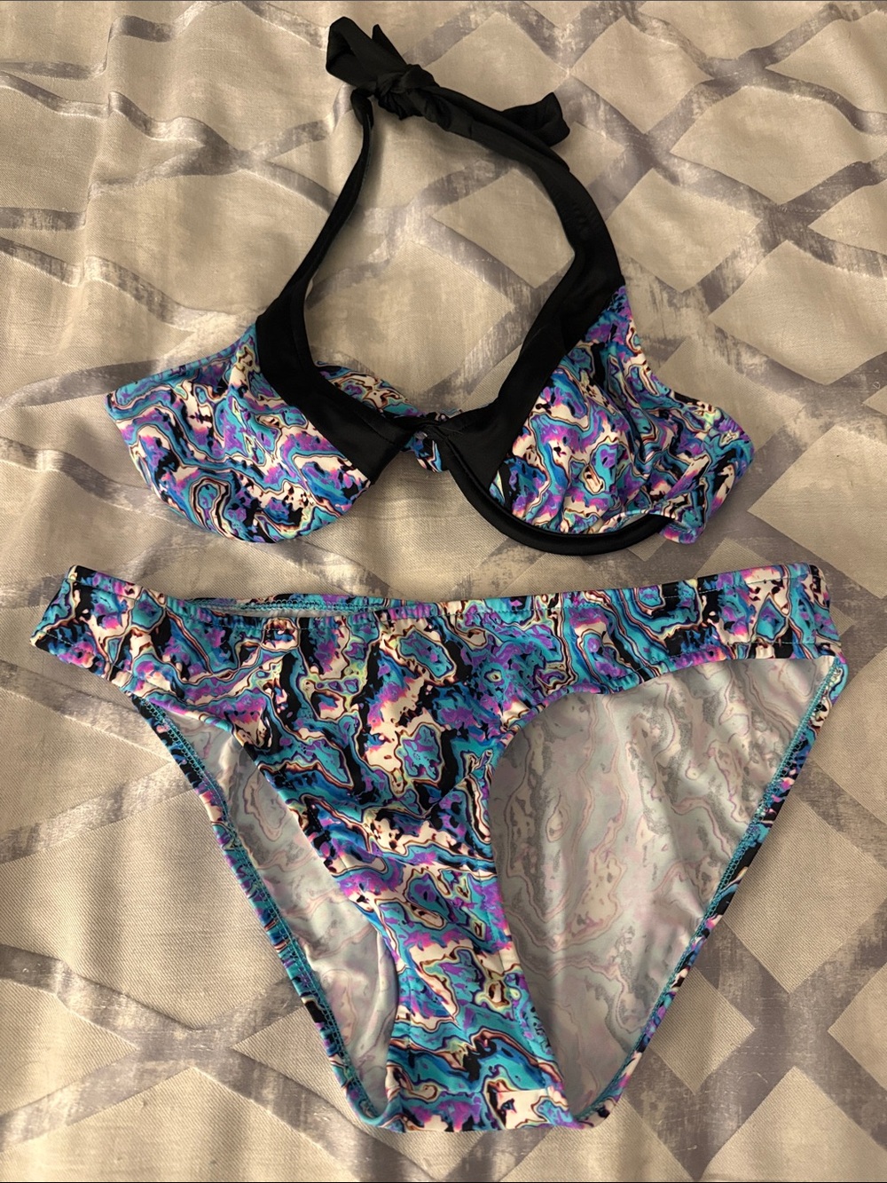 VENUS Multicolor Marble Halter Bikini with Black Trim
